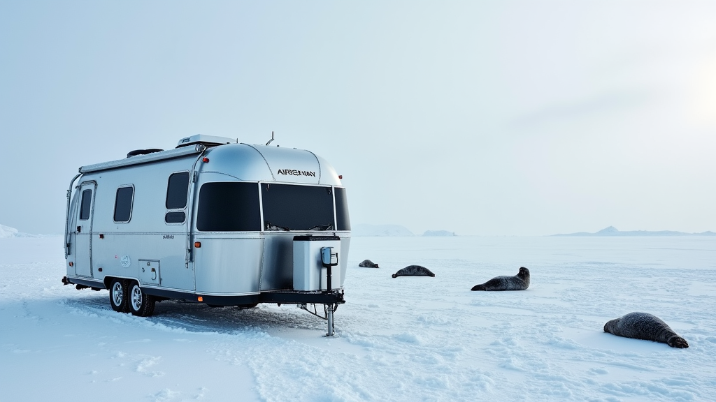 Airstream parked on a snowy background with clear winter skies