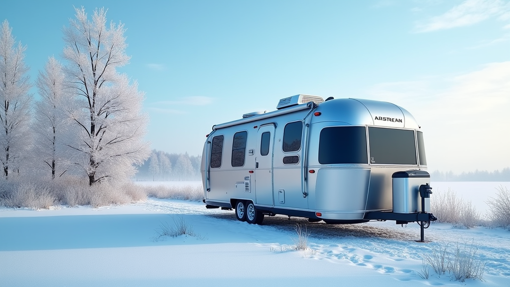 Close-up of Airstream insulation and sealed windows in a snowy setting