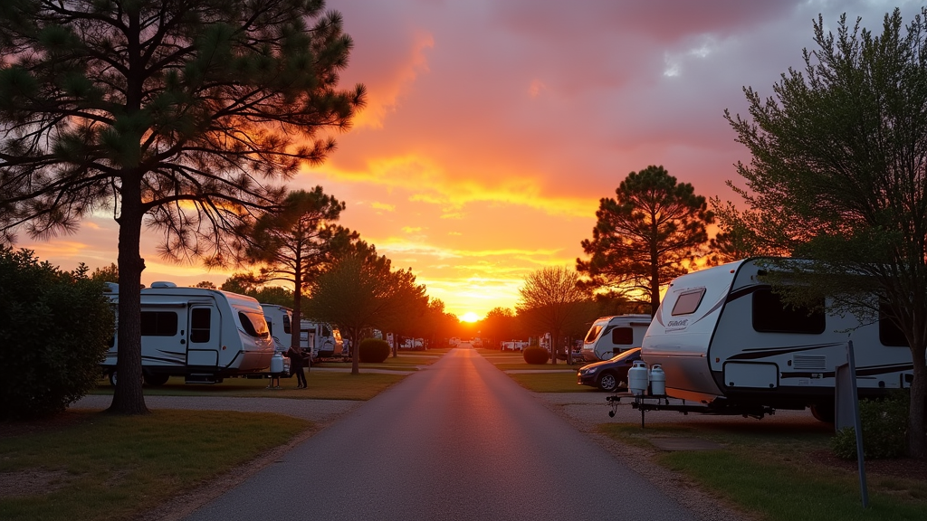 Sunset view over an RV park field