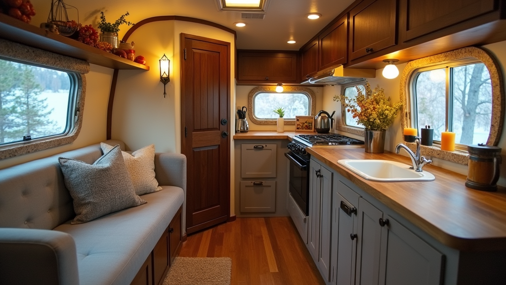 A beautifully set tiny kitchen in an Airstream with a cozy dining area