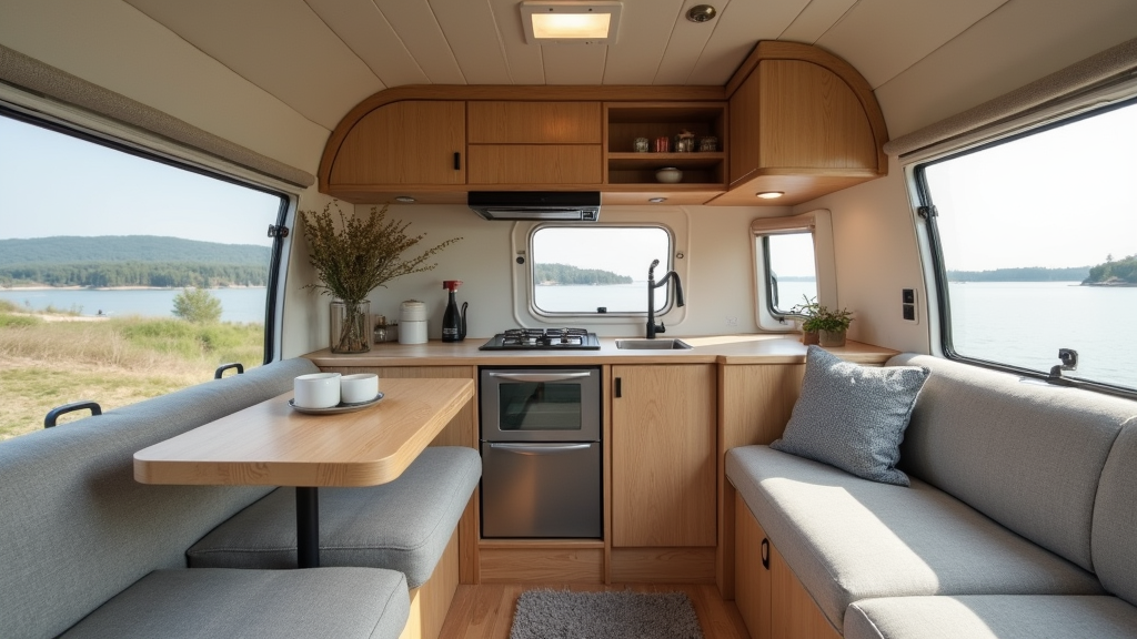 A compact Airstream kitchen with modern appliances