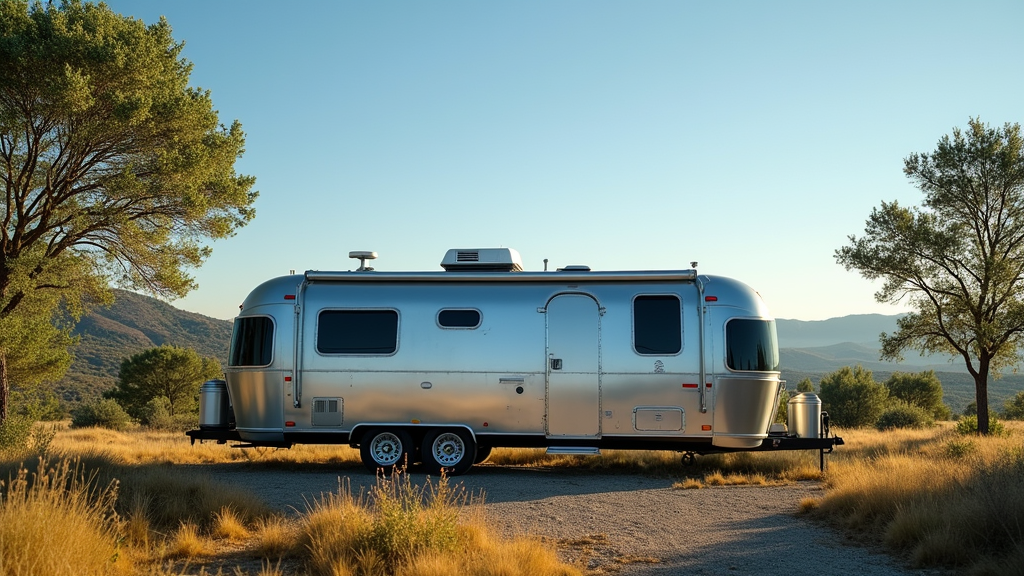 A scenic view of an Airstream parked in nature