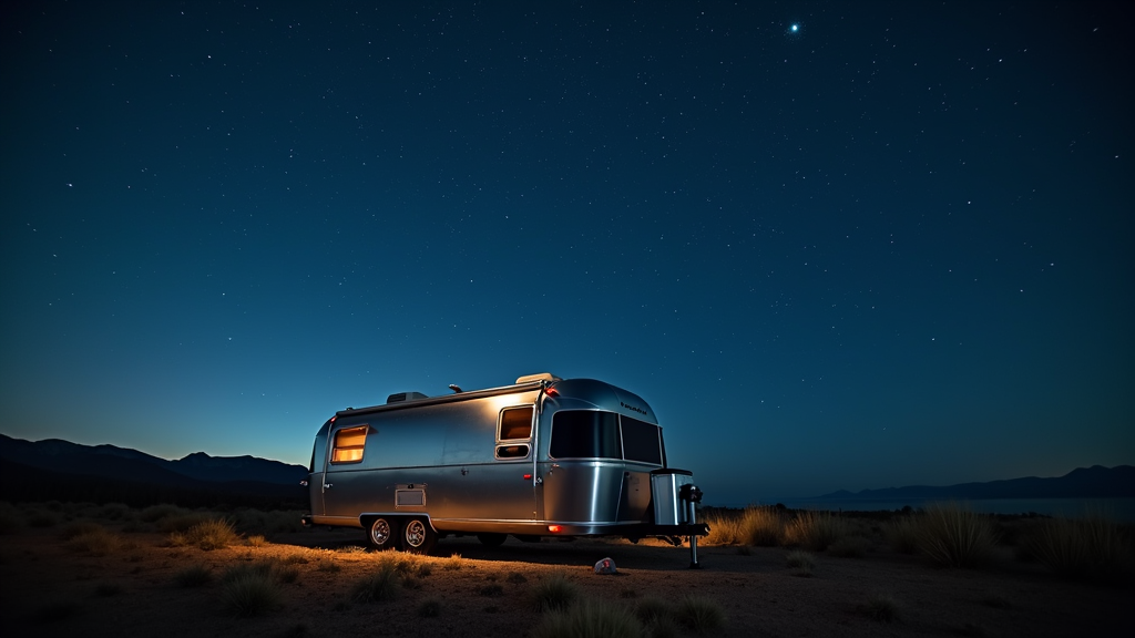 A starry sky over an Airstream trailer in a serene natural setting