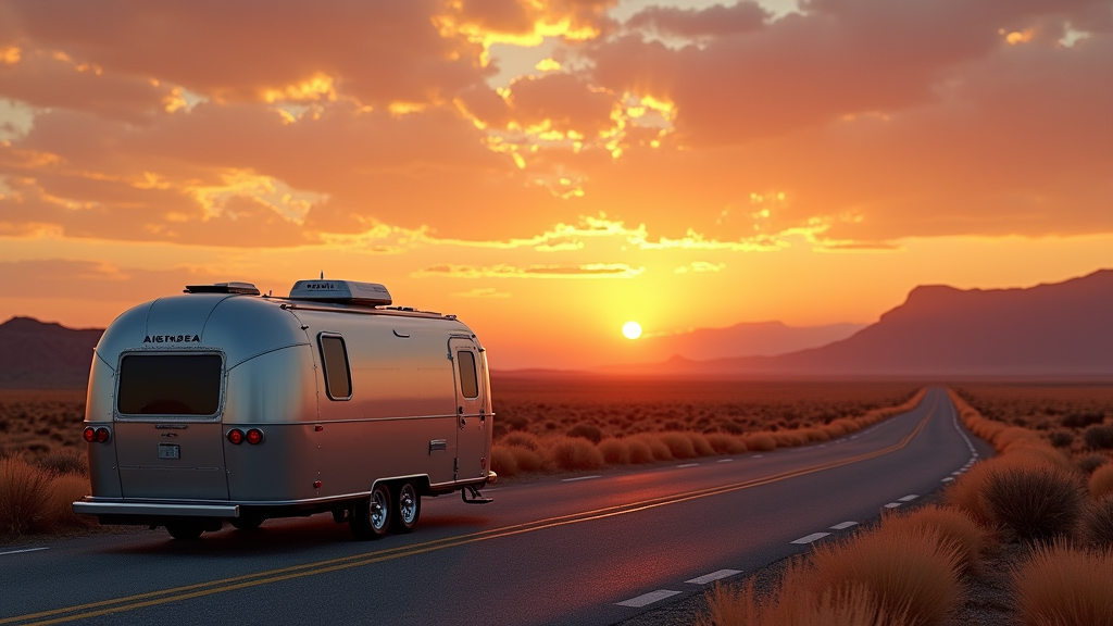 Airstream with a beautiful sunset