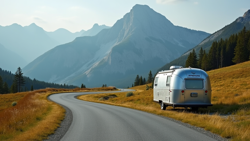 Aerial view of a winding road with an Airstream trailer