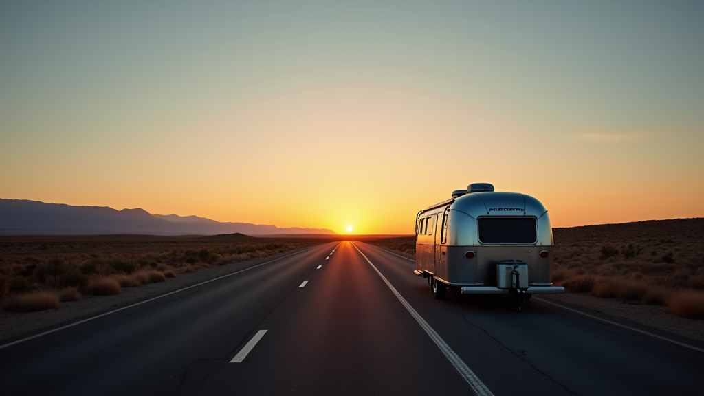 Sunset over a deserted road with a solitary Airstream trailer