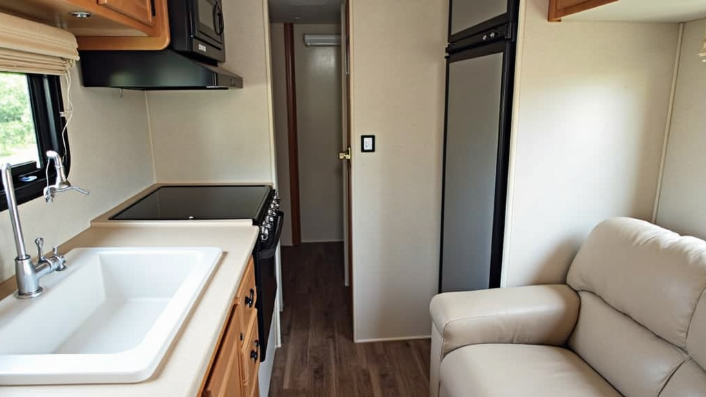 A tidy RV interior showing kitchen area and inspection points like under-sink pipes and circuit breakers. No people, no text.