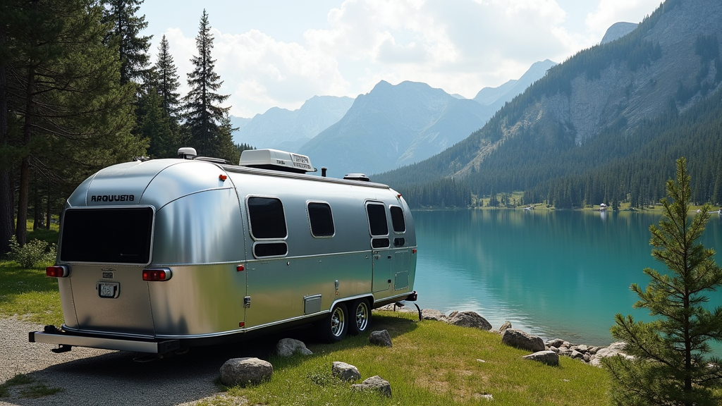 Modern Airstream parked by lake with mountains, solar panels on roof