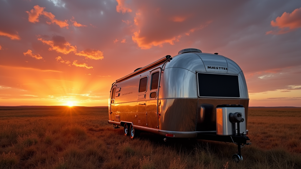 Polished aluminum Airstream trailer under blue sky, reflecting nature scenery