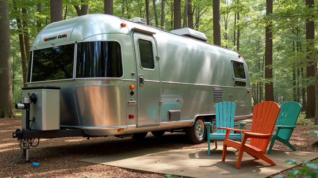 Restored vintage Airstream trailer at campground with forest in background