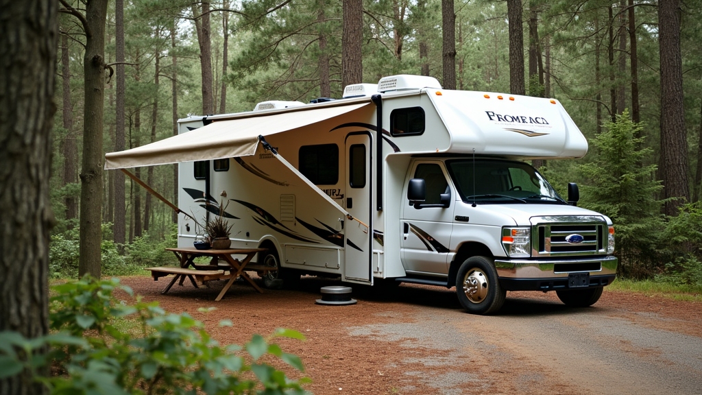 RV parked at a campsite with an awning fully extended, surrounded by forest