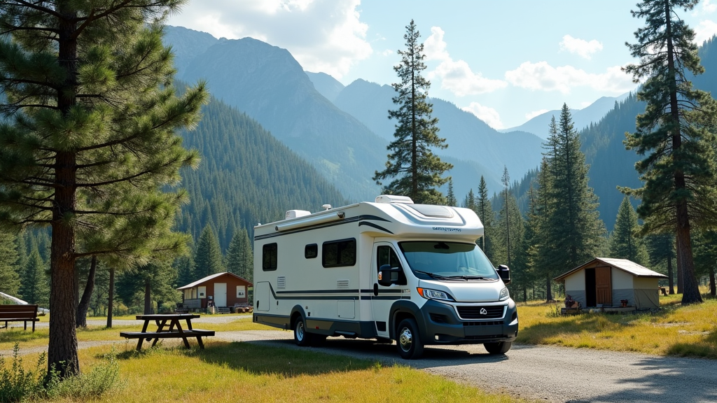 RV parked in a scenic campsite surrounded by trees and mountains. No people present.