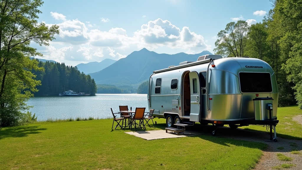 Airstream trailer parked at a scenic lakeside campground with outdoor setup