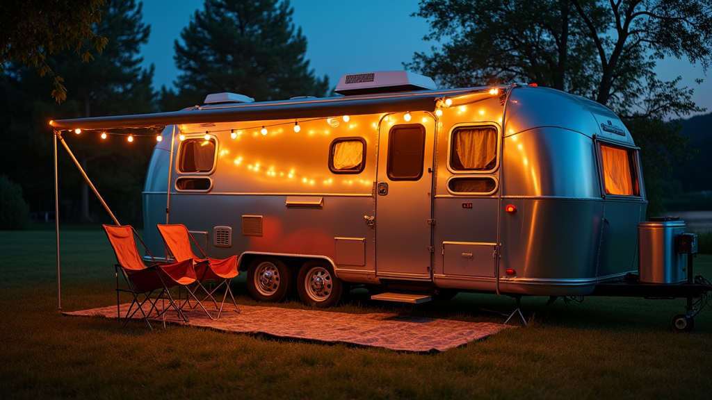 Evening camp setup with Airstream, string lights, and camping chairs under awning