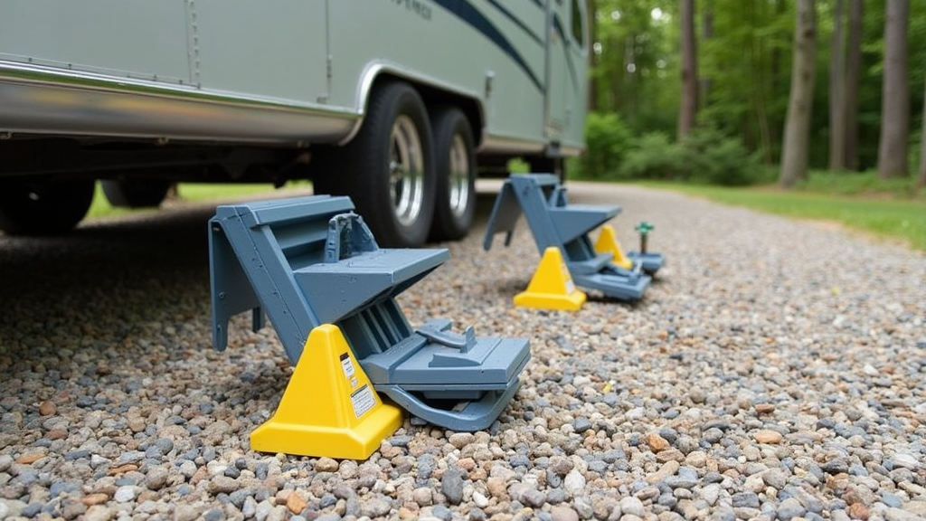 Leveling blocks and water hoses set up at an Airstream campsite