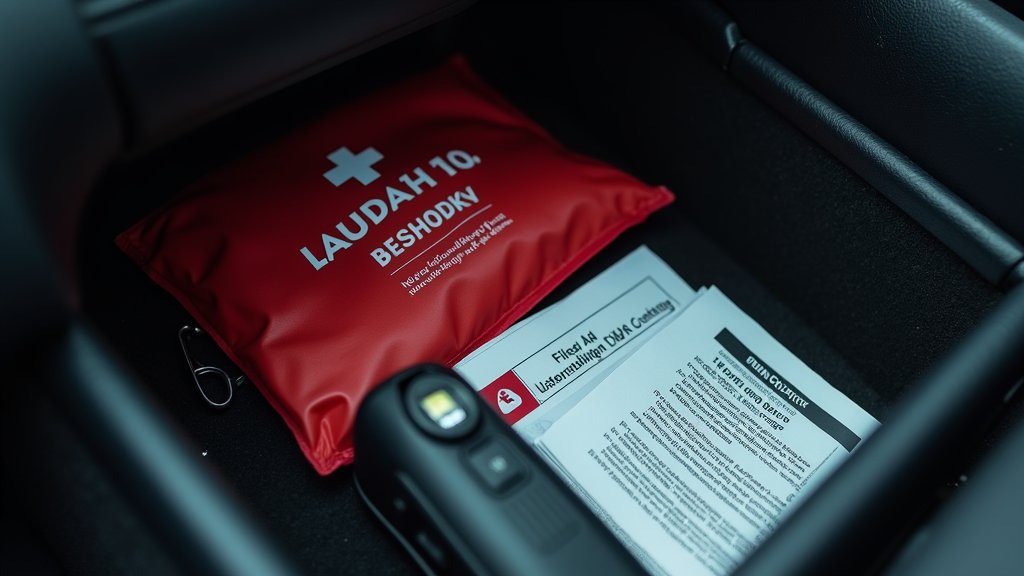 Organized glove compartment with first aid kit, flashlight, and paperwork neatly stored