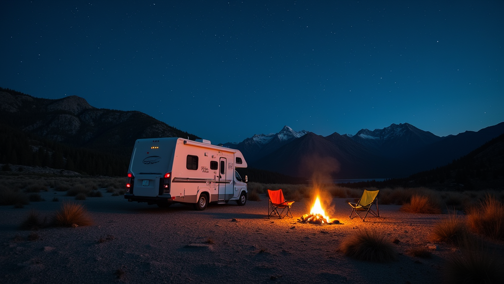 RV campsite with mountain view and campfire equipment