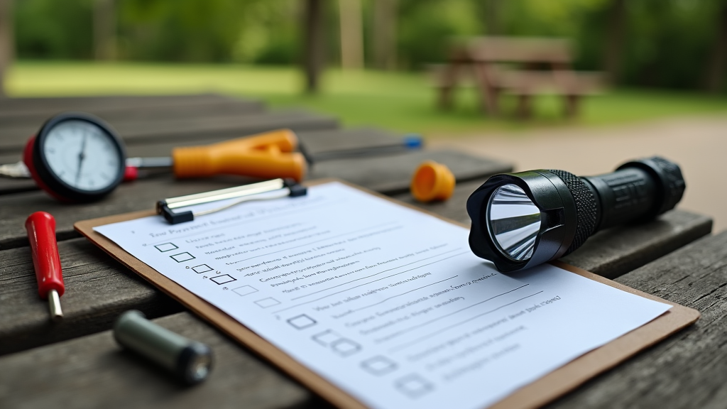 RV checklist items and tools spread on a picnic table
