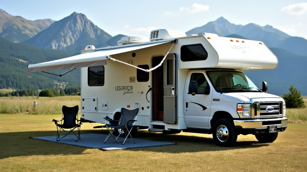 RV parked in nature with open awning and camping chairs