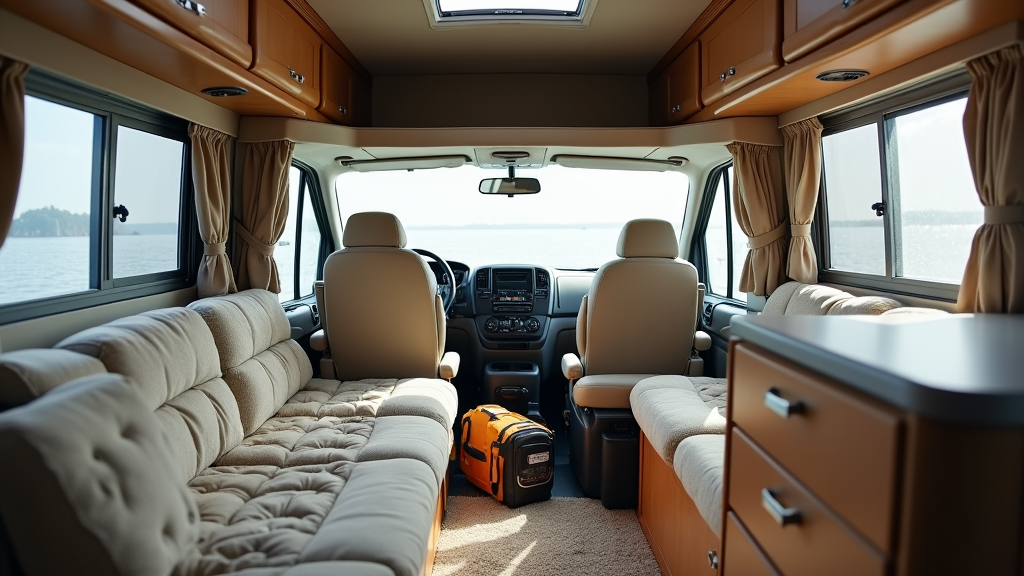 Well-organized RV interior with cozy seating and checked equipment