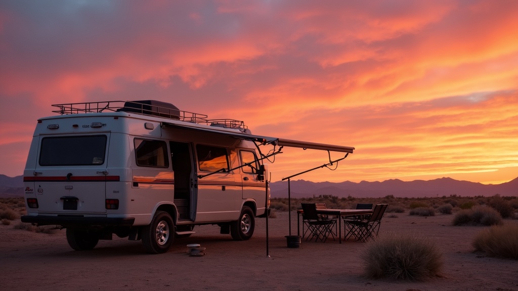 A boondocking RV setup in the desert, with solar panels extended and camp chairs outside at sunset