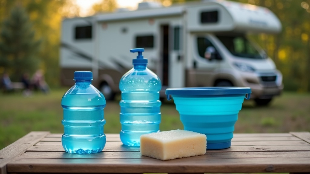 A close-up of portable water containers, a folded collapsible bucket, and biodegradable soap laid out on an outdoor camping table with an RV in the background.