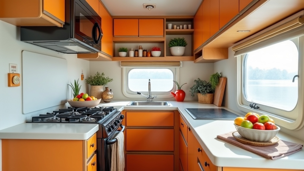 A compact RV kitchen with full-size appliances, ample storage, and bright colors