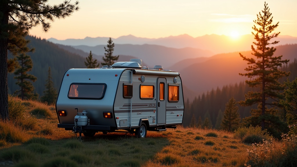A cozy and modern small RV parked near a forest