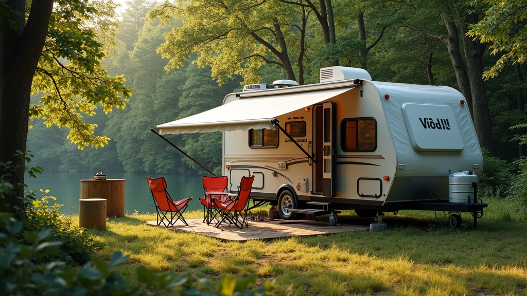 A cozy family RV parked by a forest with an awning out and camp chairs set up