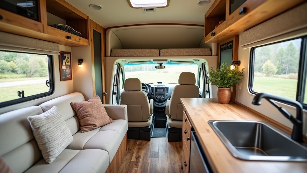 A cozy, well-organized RV interior with natural light, showing a living area, kitchen, and workspace