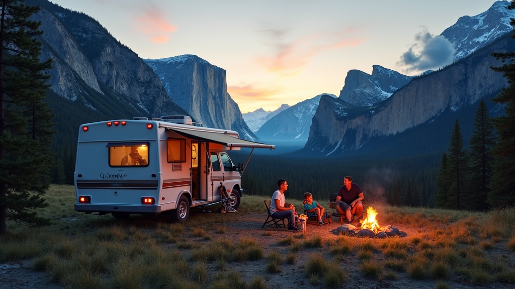 A family RV at a national park, with a beautiful mountain view and campfire area