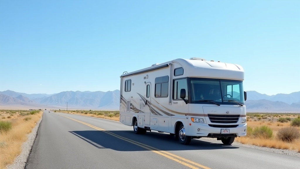 A modern full-time RV setup with a camping deck, chairs, and awning under a sunset sky, showing the full-time RV lifestyle.