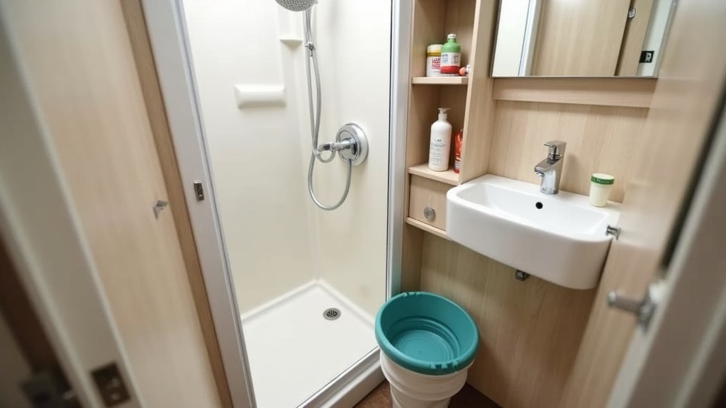 A modern RV kitchen with a compact low-flow faucet, a countertop water filter, and minimal dishware visible.