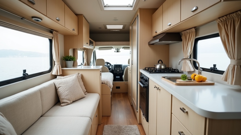 A small RV campsite with clever outdoor setup and LED lights