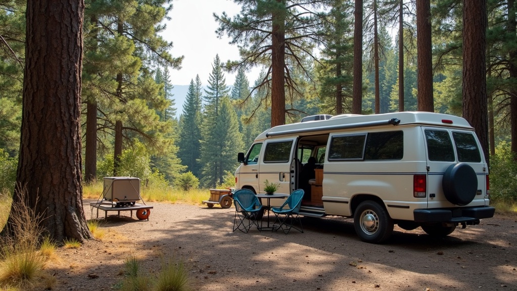 A small RV interior with cozy seating, kitchen, and storage