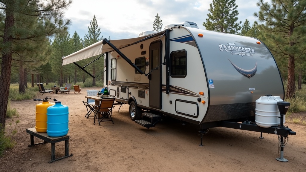 A well-organized RV boondocking in the wilderness with visible water containers and portable water jugs outside on the ground next to it.