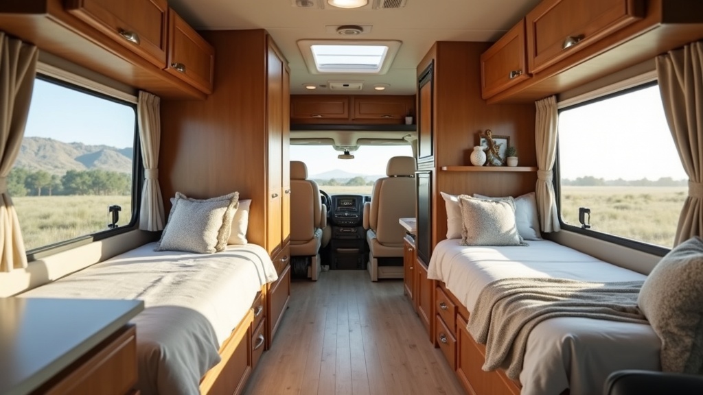 An RV interior with bunk beds, spacious living area, and large windows for natural light