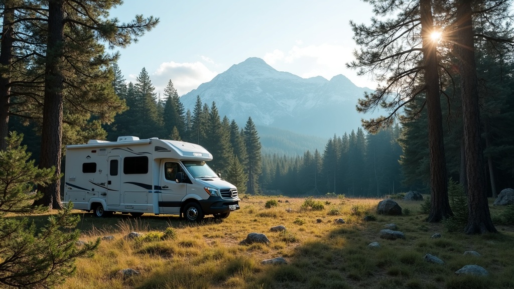 An RV parked near a secluded forest clearing, surrounded by tall pines and mountains in the distance.