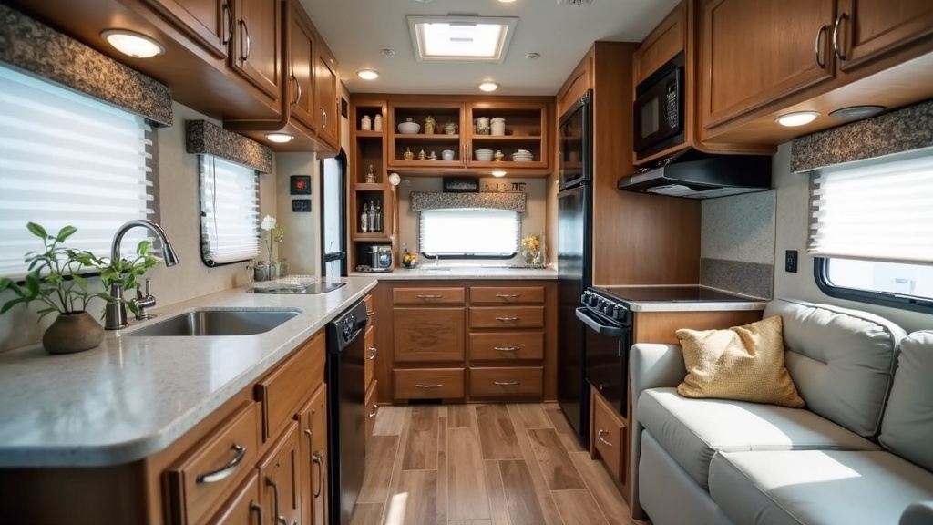 Bright RV kitchen with pull-out drawers and spacious storage