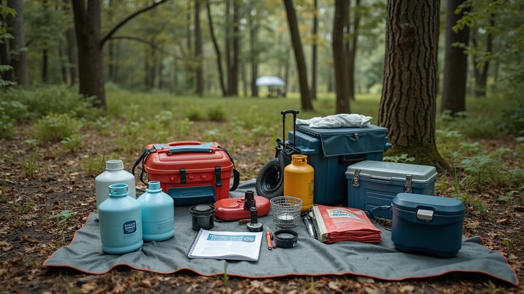 Camping gear spread out on a blanket in a natural forest clearing, with water jugs, propane tank, cooler, stovetop, and medical kit.
