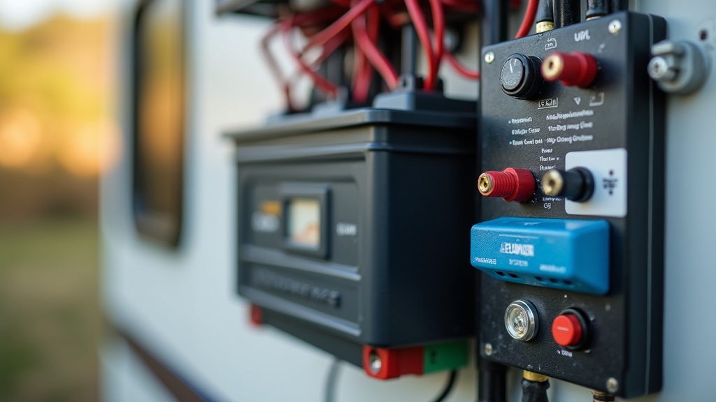 close-up of RV solar battery system
