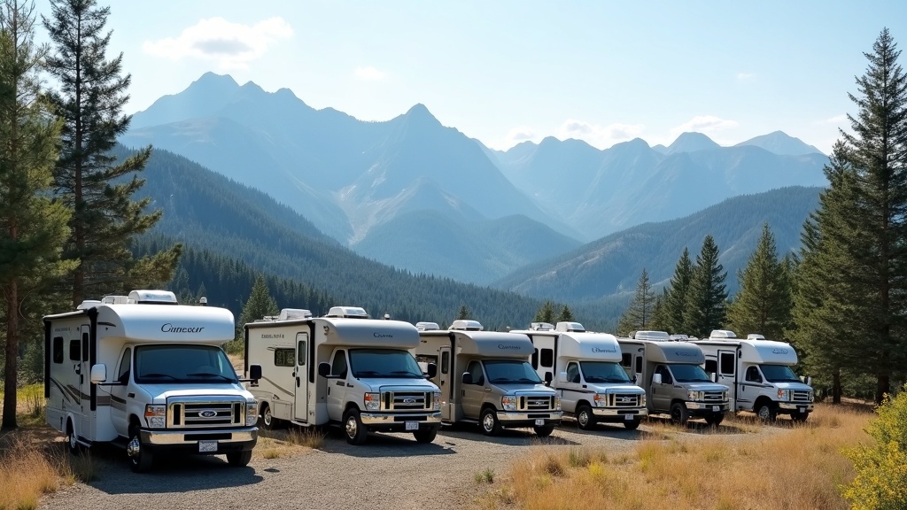 Diesel vs gas RVs parked at a scenic destination with mountains and trees
