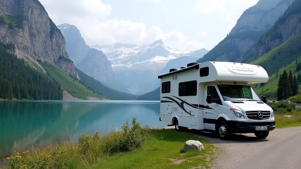 Exterior of a luxury RV parked beside a scenic lake with mountains in the background