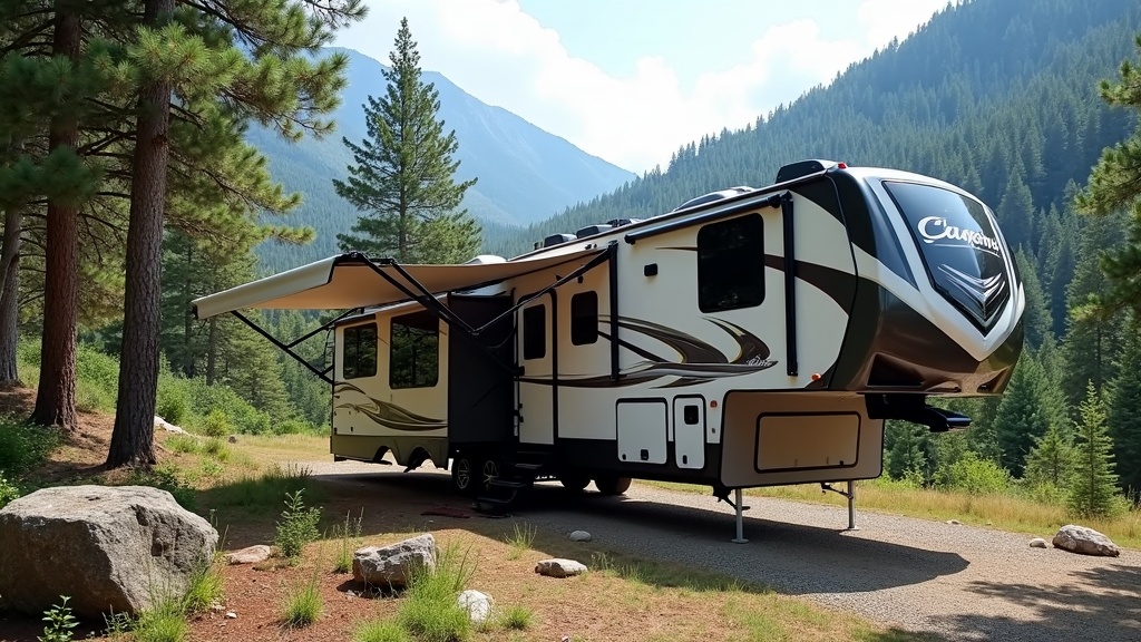 High-end fifth wheel RV parked in scenic mountains with open living slide-outs, showing durability for full-time living.
