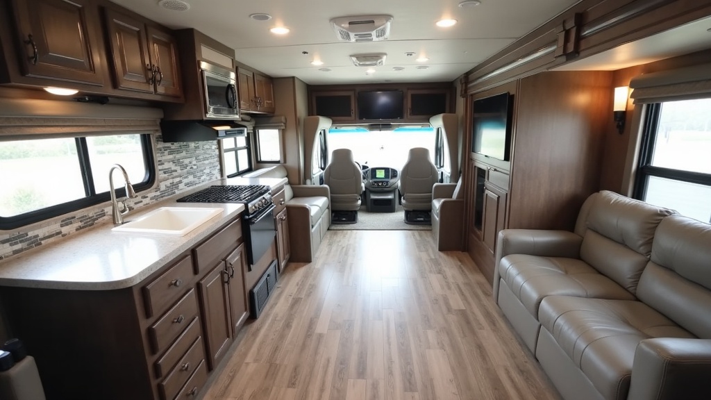 Interior of a luxury RV showcasing a bright kitchen with full-size appliances, dinette, and plush sofa for full-time living.