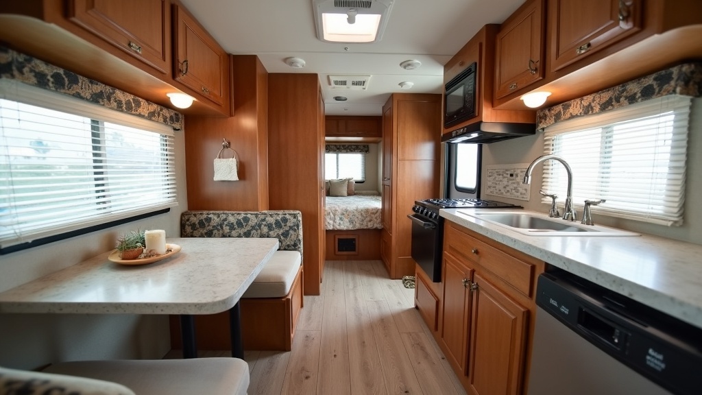 Interior shot of a well-equipped RV kitchen and living space, focusing on comfort and storage