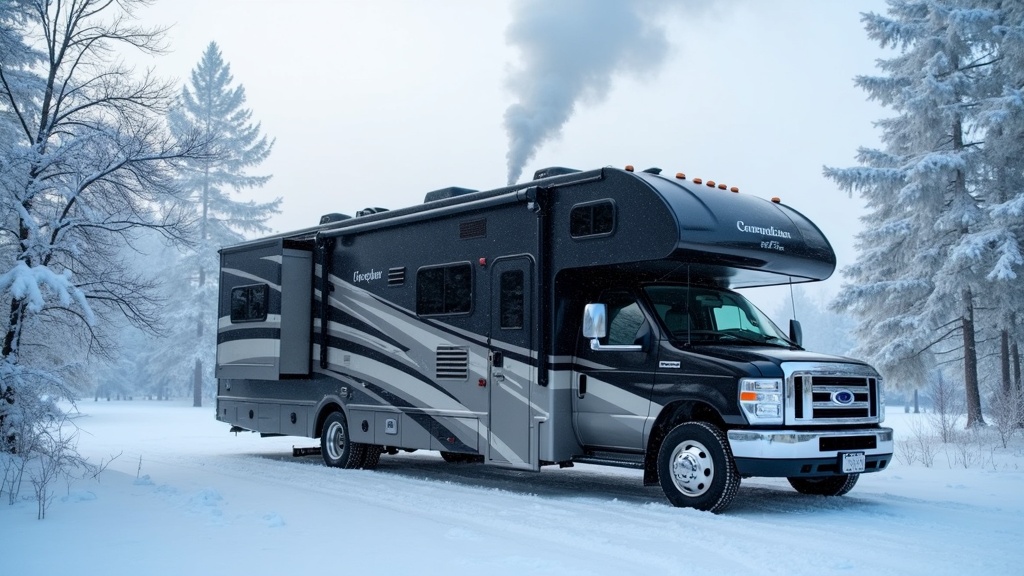Luxury RV parked in the snow with smoke rising from chimney, showcasing winter camping