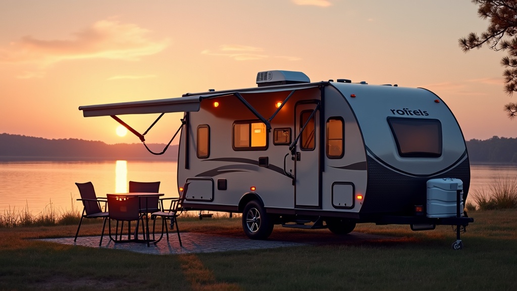 Modern Jayco fifth wheel RV parked at a lakeside camping spot with slide-out rooms open and an outdoor rug laid out.