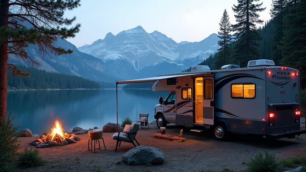 Modern RV parked at scenic lakeside with mountain views
