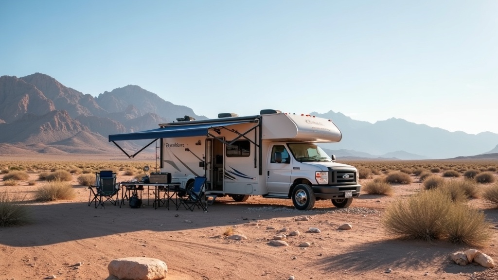 Packed RV in remote desert scenery, surrounded by gear, solar panels, camp kitchen, and mountains in the background.